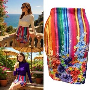 077 Top 10 | USA NWOT Multi color Pink Striped Floral Bodycon Skirt (Size S)